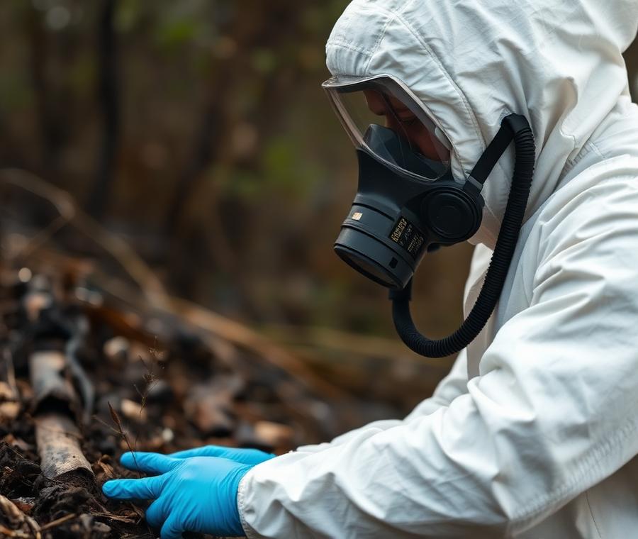 Opérateur en combinaison de protection réalisant un prélèvement sur des gravats après sinistre