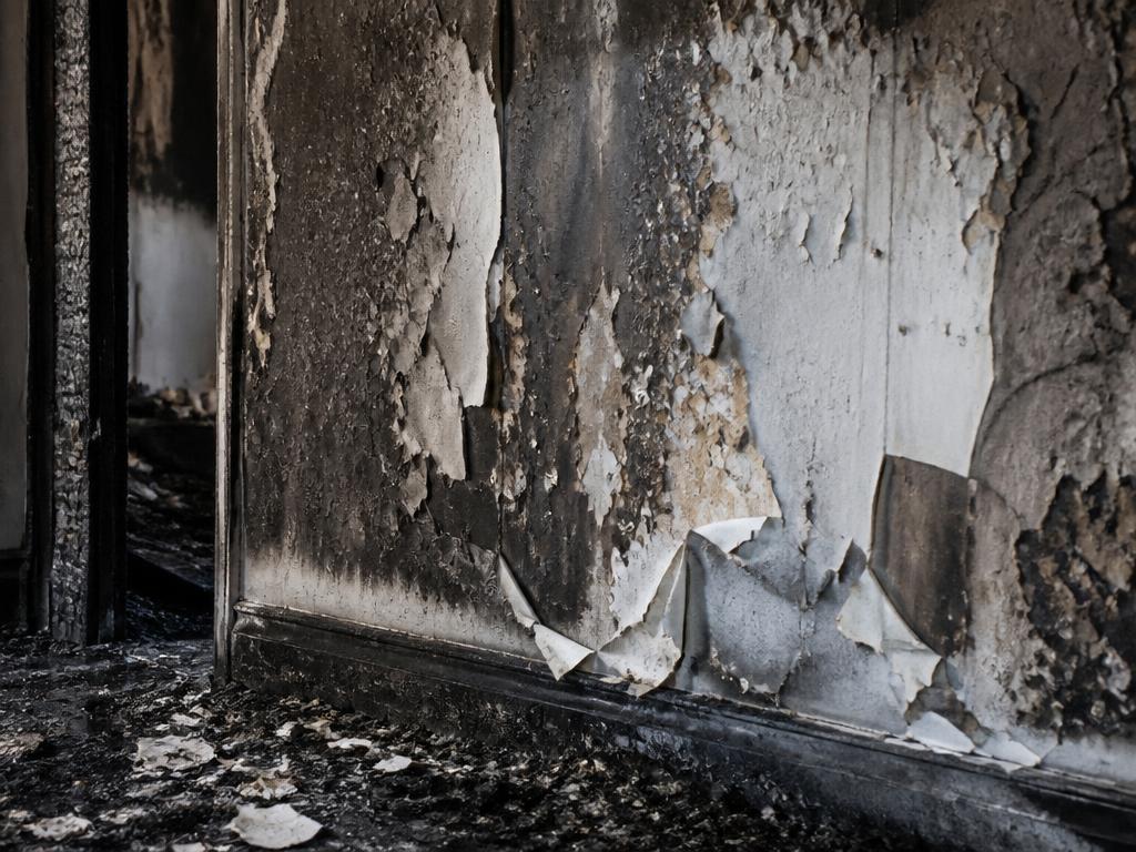 Mur incendié avec peintures écaillées et poussières après sinistre